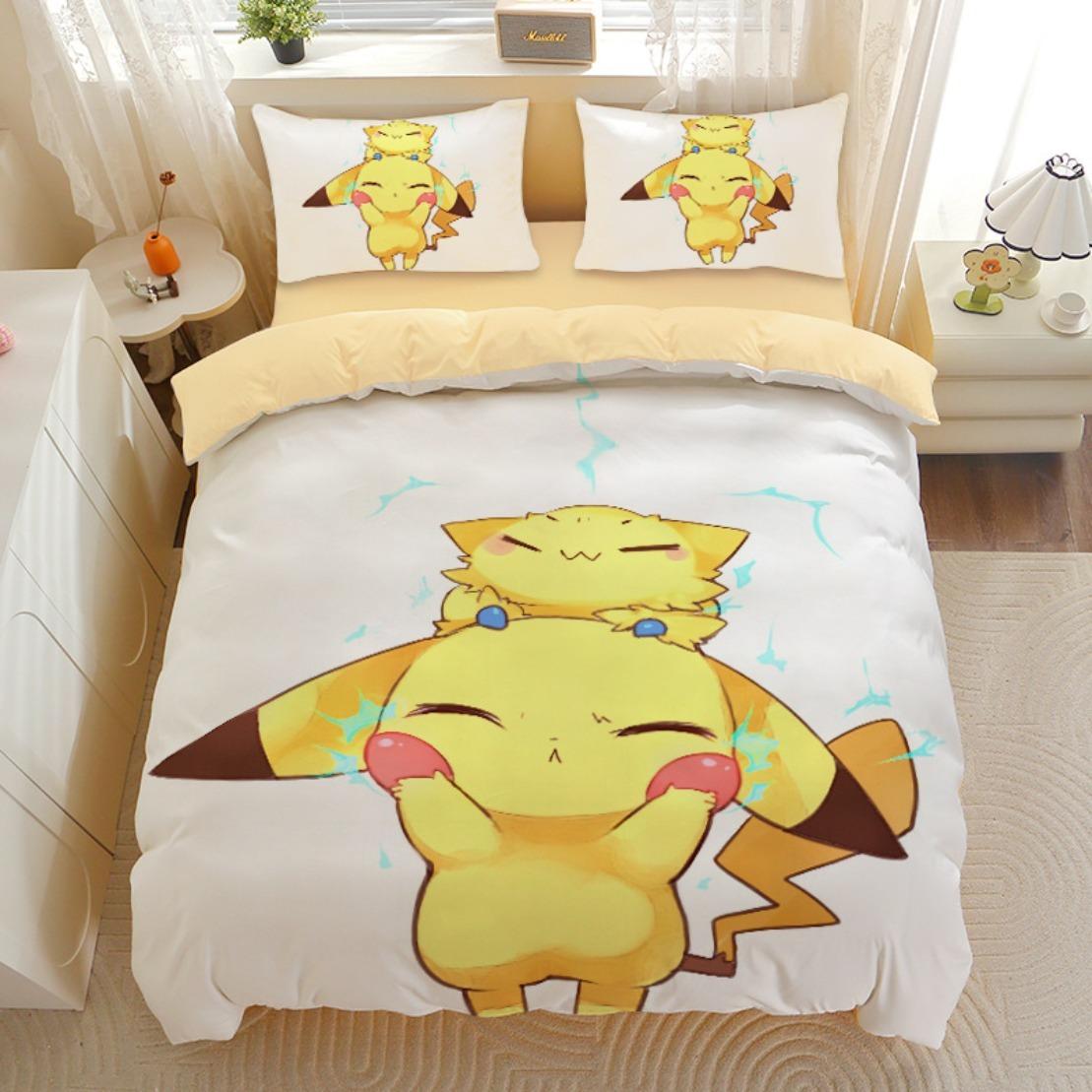 Kawaii Leuke Pikachu Beddengoed Sets P-Pokémon Dekbedovertrek Met kussensloop Kinder Set Kamerdecoratie Cadeau AU Single(140*210cm)3pcs