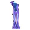Metallic Shiny One Shoulder Disco Party Jumpsuit for Girls Sleeveless Side Ruffles Bell Bottom Romper Unitard Romper Streetwear