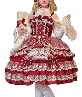 [Jundakara] Tiered JSK Jumper Skirt Lolita Ribbon Frill Pearl Bijou Lace Dreamy Cute Dress Women's Lolita Dress Lolita Costume Cosplay Outfit Bride St