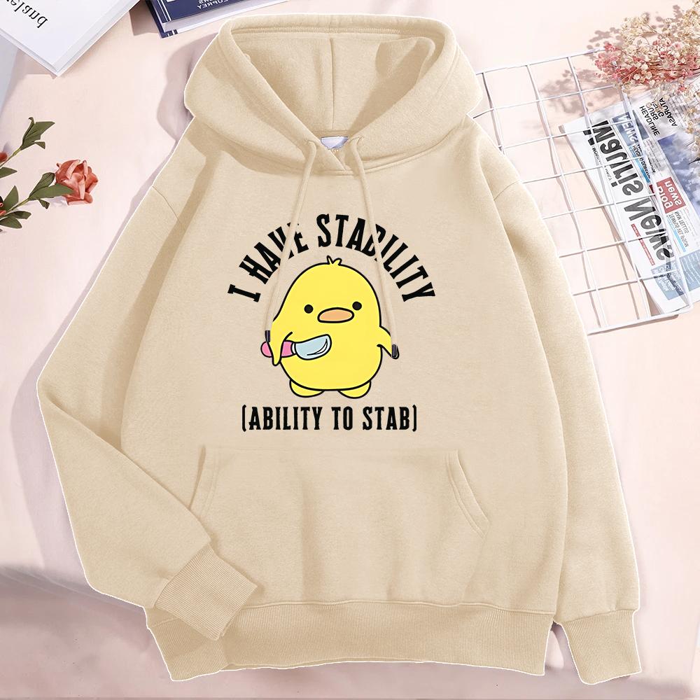 New I Have Stability Ability To Stab Hoodies Men Women Fashion Duck Graphic Sweatshirt Soft Unisex Streetwear Long Sleeve Tops