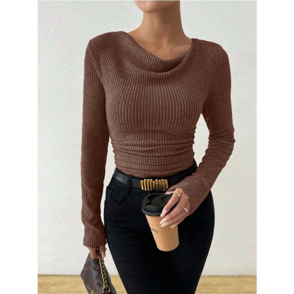 

Приталенный вязаный топ для женщин с расклешенными рукавами и волнистым воротником на осень XXL кофейный