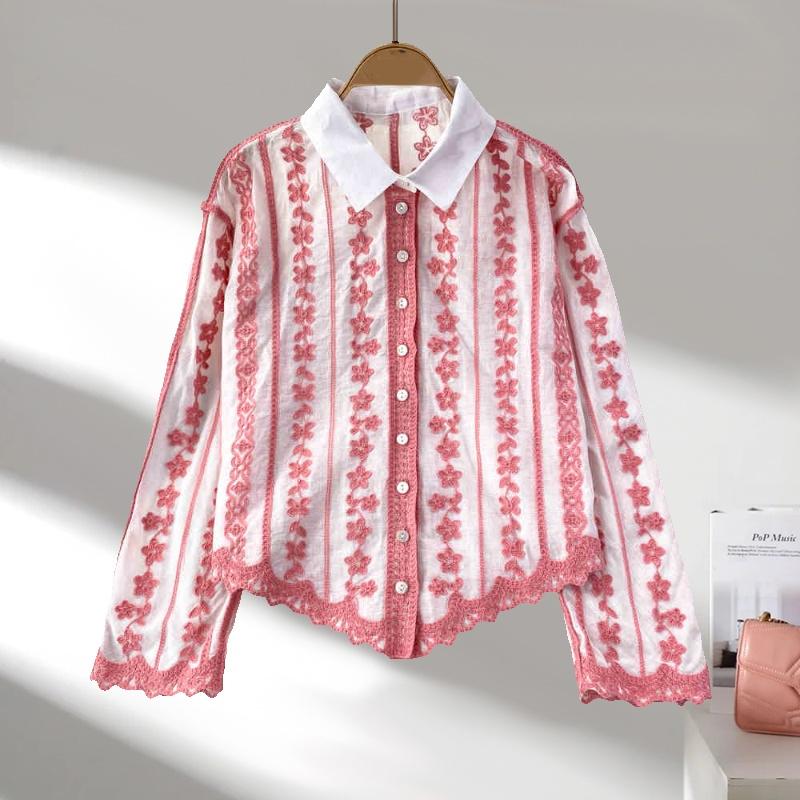 Fashion Elegant Long Sleeved Embroidered Lace Shirt New Lapel Loose and Thin Single-breasted Casual Blouse Female Simple Women's Irregular Top 3504