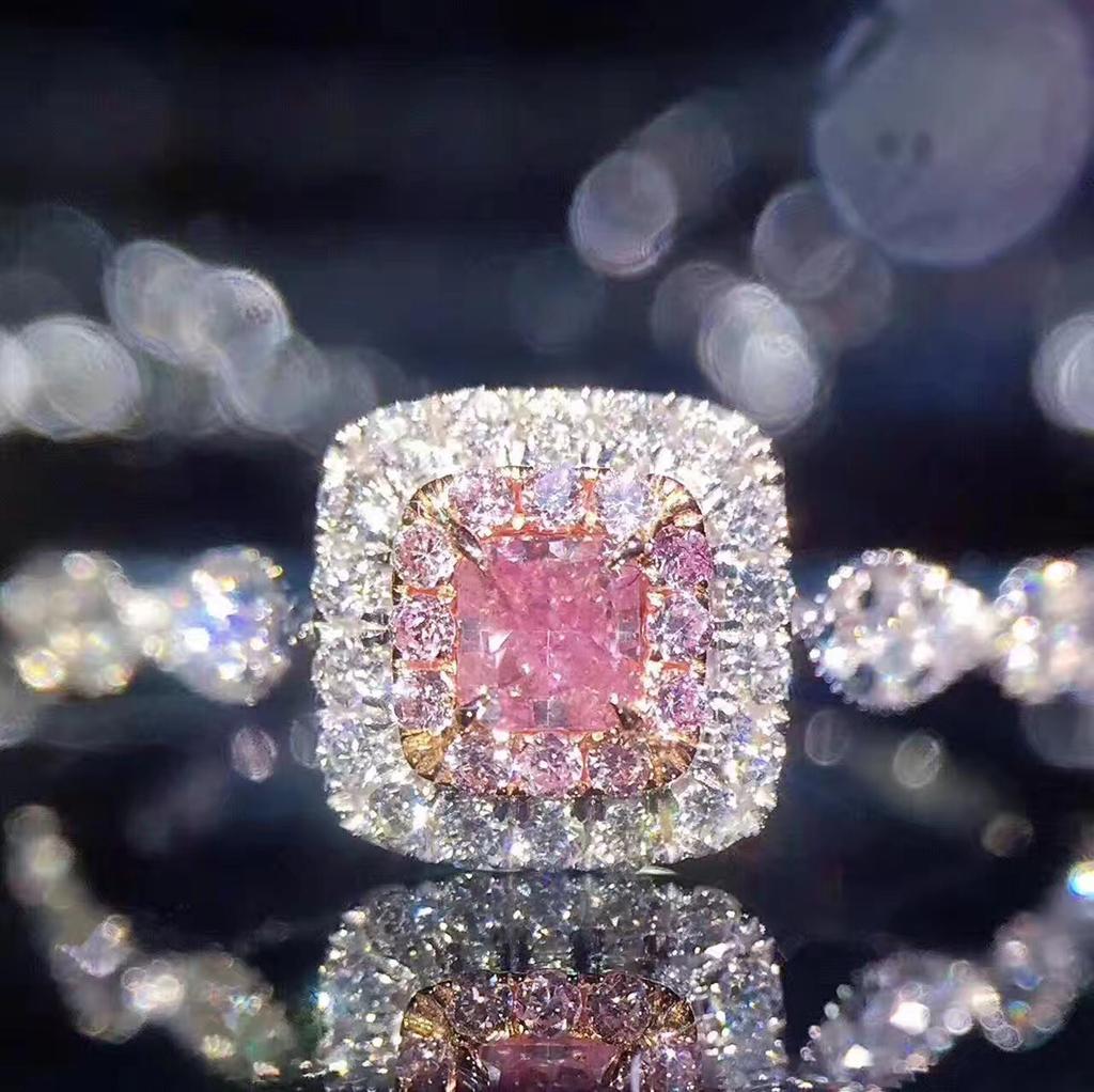 Pink Color Square Diamond Micro-setting Simulation Diamond Ring Princess Ladies Ball Edge Women's Ring