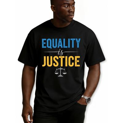 European Size Equality Is Justice Tee Mens Funny T Shirts Black Graphic Tees Short Regular Fit, Casual Wear for All Seasons