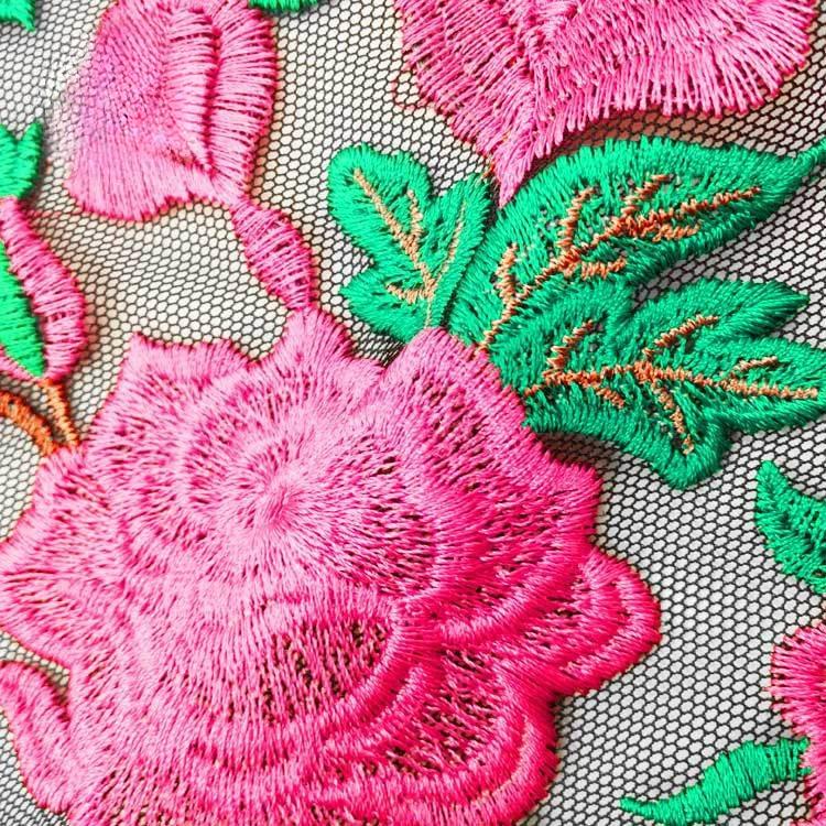 Water-soluble lace full accessories poly silk embroidery fabric Colorful heavy industry yarn-dyed mesh bottom embroidery fabric