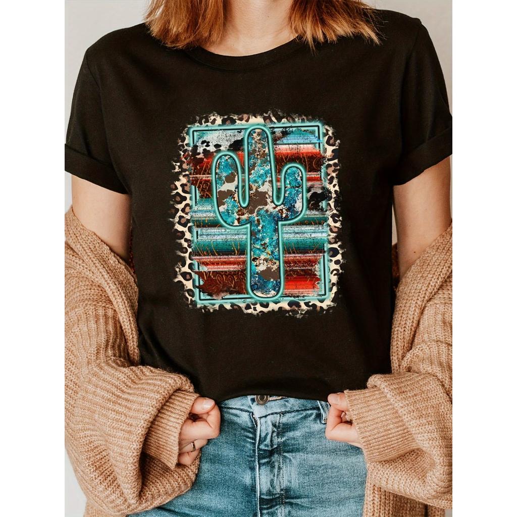 Women's Soft Cactus Leopard Print T-Shirt, Casual Short Sleeve Crew Neck Top with Vibrant Desert Design, Perfect for Spring & Summer