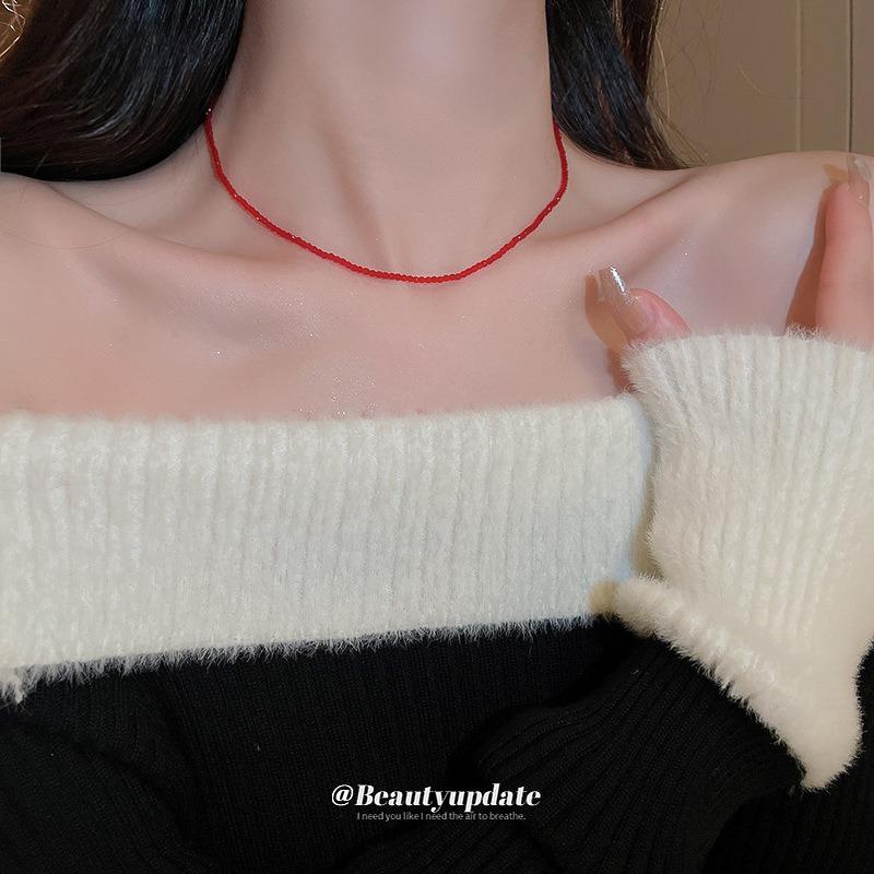 China Red Artificial Crystal Beaded Necklace Commuter Fashion Temperament Clavicle Chain Autumn and Winter ins Style Temperament Necklace