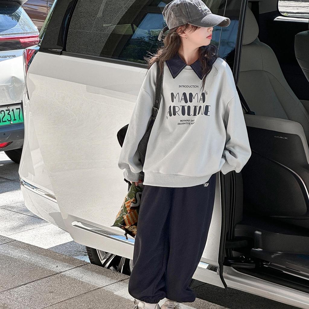 Herbst 2025 Mädchen-Sportbekleidung: Modisches Sweatshirt mit Buchstabenrevers und Hosen-Set