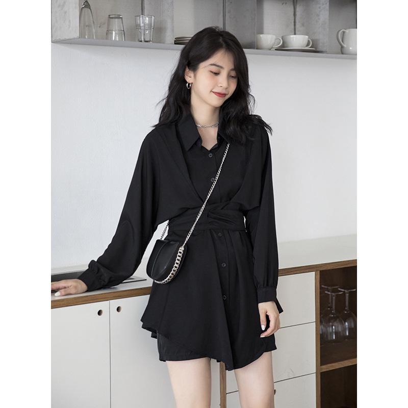 Women's Elegant Slim-Fit Long-Sleeve Shirt Dress: Waist-Cinching, Irregular Hem, French Style for Spring and Autumn