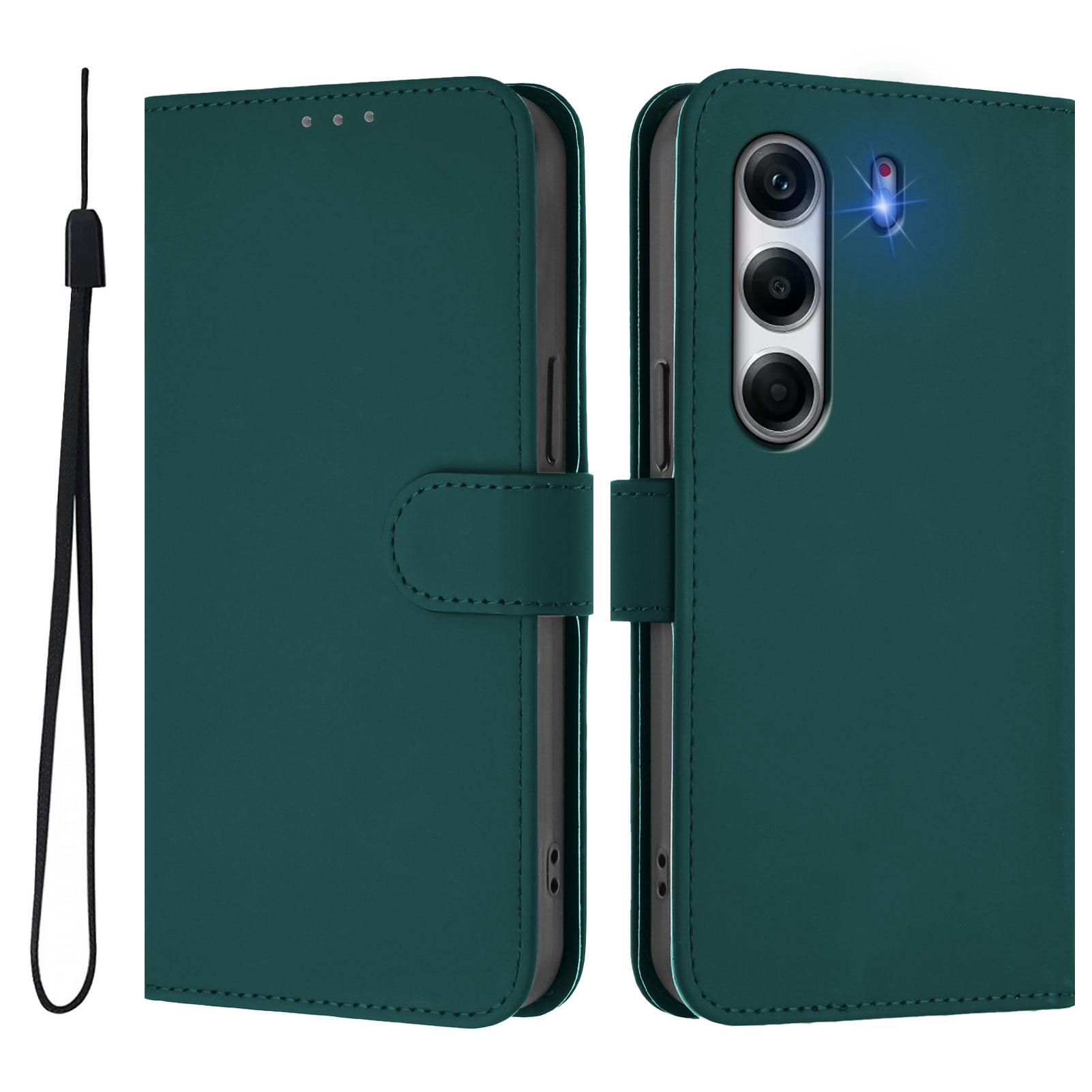 

For TECNO Camon 40 Pro 4G Case Solid Color Wallet Leather Phone Cover with Strap Dark Green