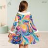 Girls White Fur Collar Long Sleeve Bow Black Gold Printed A Line Flared Dress