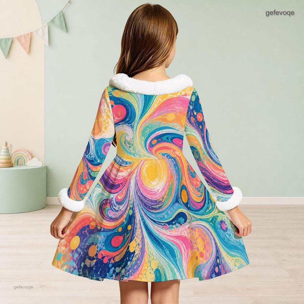 Girls White Fur Collar Long Sleeve Bow Black Gold Printed A Line Flared Dress