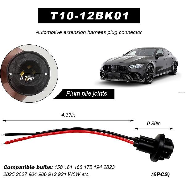 DXNQ 6PCS T10 Extension Harness Plug Connector, Car Instrument 194 Bulb Socket Base with 4.33" Wire Harness, Tail Light Socket Pre-Wired Rubber Lamp