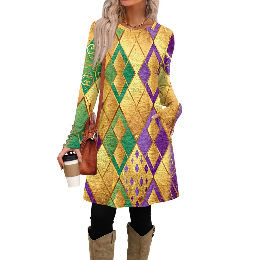 Modisches Damen-Kleid mit Rundhalsausschnitt, langen Ärmeln, Print, Tasche und Knöpfen, Freizeit