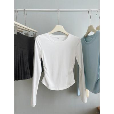Card Waist Pleated White Long-sleeved Short Top Women's Autumn Small Hot Girl Slim-fit Shoulder Bottoming Shirt