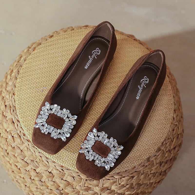 Low-heeled square-headed single shoes for women in spring 2025, new suede rhinestone square buckle, professional work, work shoes for women, black.