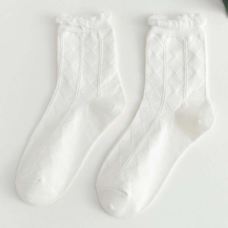 Girls' White Mid-Calf Summer Socks, Thin Japanese JK Style with Lolita Bubble Cuffs