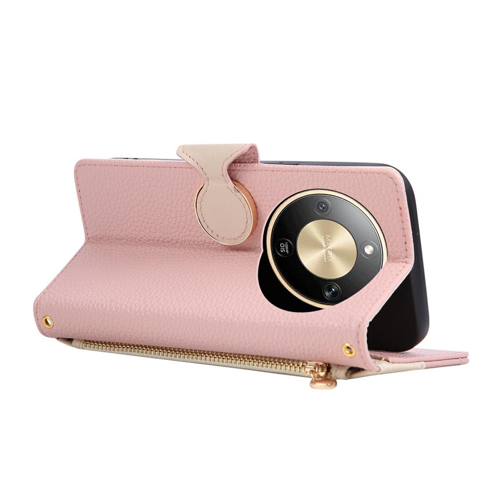 Phone Case For Honor Magic8 Lite 5G / X9d 5G / X70 5G Zipper Wallet Color Splicing TPU PU Leather Flip Phone Cover with Strap