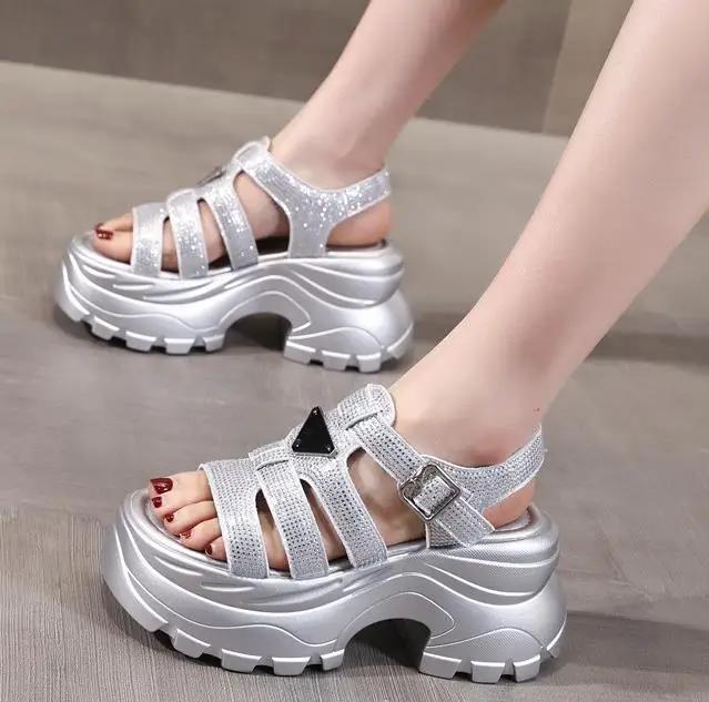Fashion High Quality 8CM Synthetic Microfiber Leather Women Sandals Flats Chunky Sneakers Hollow Bling Vulcanize Platform Wedge Shoes