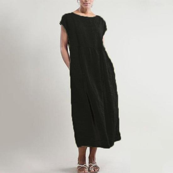 Women Dress Short Sleeve Casual Breathable Solid Color A-Line Dual Pockets Midi Dress for Daily Wear