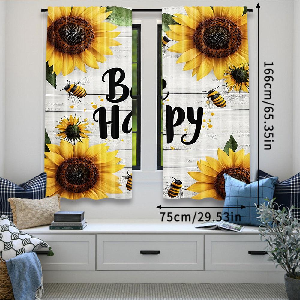 2Pcs Bee Happy Curtain Honeybee Sunflower Sunny Floral Garden Plant Leaves Suitable For Bedroom Bathroom Living Room Dining Room