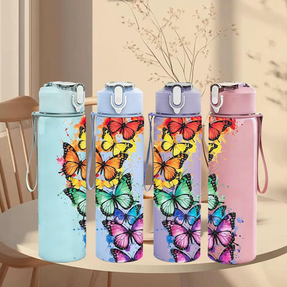 1PC Colorful Butterfly Wing Art 750ml Color Plastic Sports Water Bottle Leakproof Flip Straw Lid Suitable for Sports Office Home Use