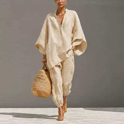 Women's Loose Fit Two-piece Suit Long Sleeve Batwing Top Elastic Waist Jogger Pants Casual Linen Matching Set