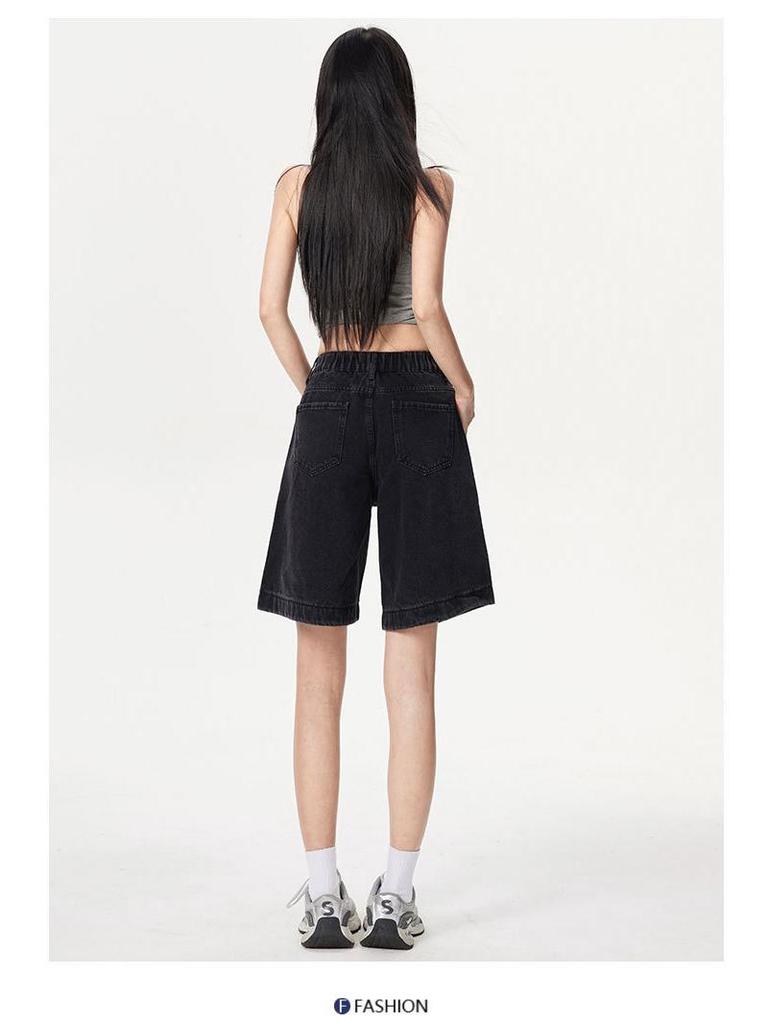 Retro Spicy Girl Elastic Waist Five-Point Denim Shorts – Women's Summer Mid-Length Wide-Leg Pants