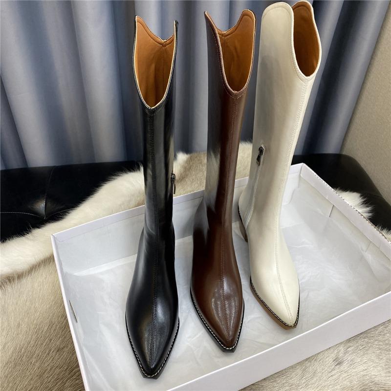 Cowhide version~ leather V-mouth western cowboy boots women's high heel pointed knight boots long boots high boots zipper long boots