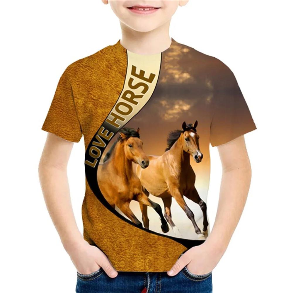 Summer Round Neck 3D Horse Pattern Printed Top Fashionable Casual Short Sleeved Children's Boy T-shirts