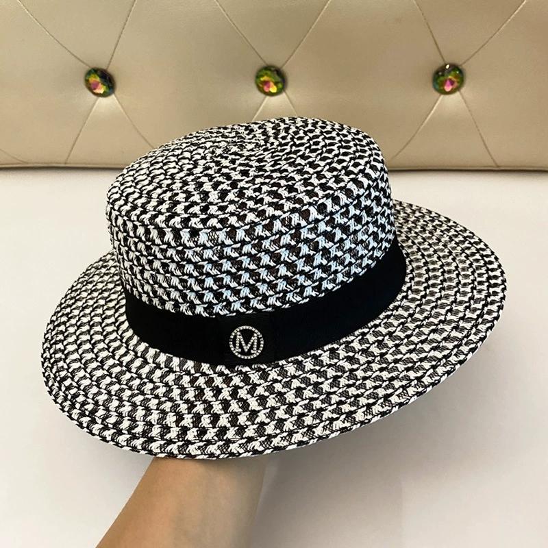 Flat-Top Hat for Women, Summer Hollow-Out m Logo Plaid Woven Straw Hat, Beach Outing Sun Protection Hat Flat-Brimmed Fedora