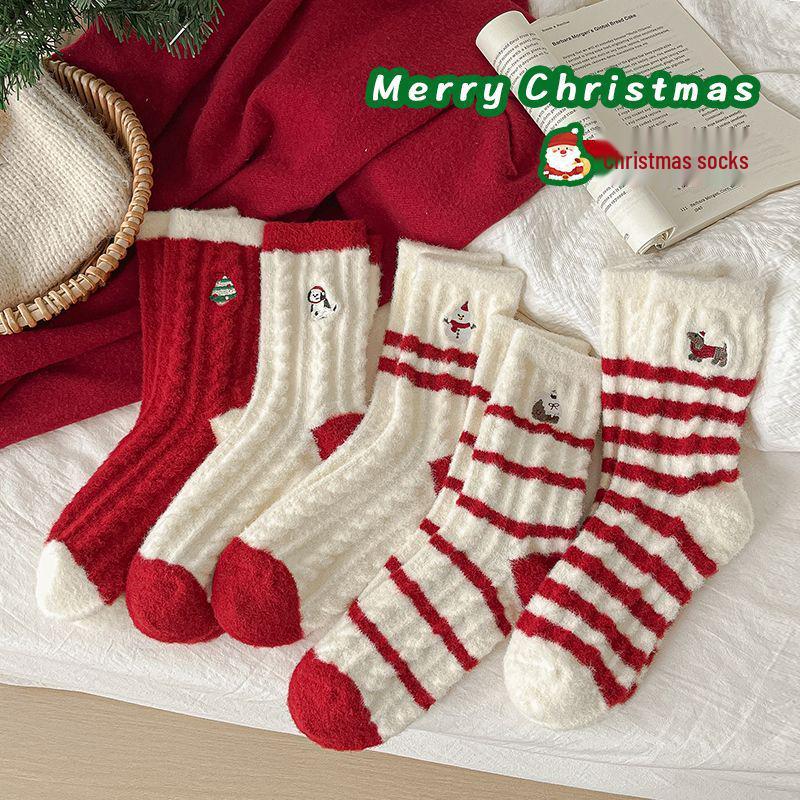 Women's Winter Coral Fleece Socks with Velvet Lining - Thick, Warm Red Christmas Socks with Embroidered Australian Wool for Benmingnian and Sleep.