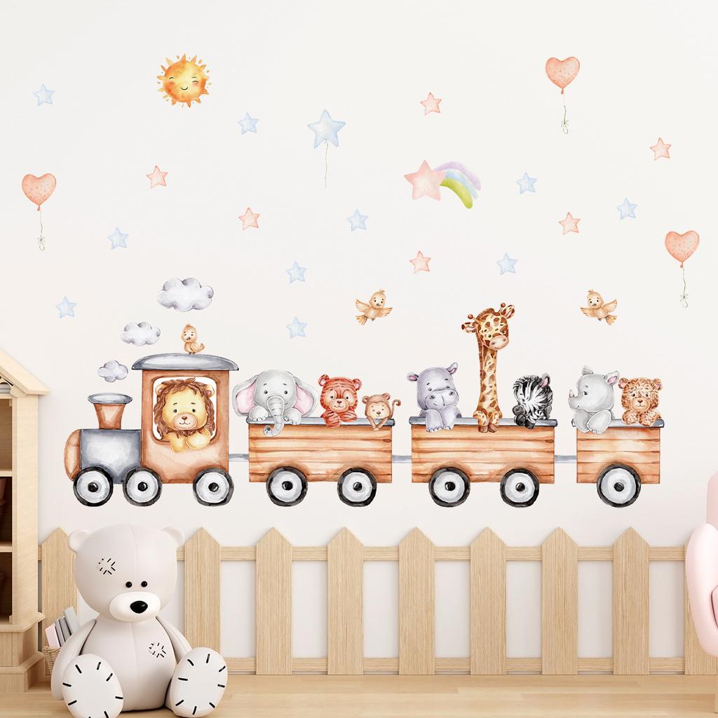 Children's Room Wall Stickers Cartoon Animals on Train Airplane Hot Air Balloon Wall Decals Baby Nursary Kindergarten Decoration