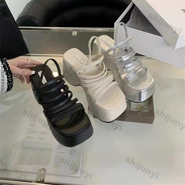 Fashion Women's Summer Chunky Heels Sandals New Fashion Strap High Heeled Slippers Woman Black Slip On Casual Platform Sandalias Mujer