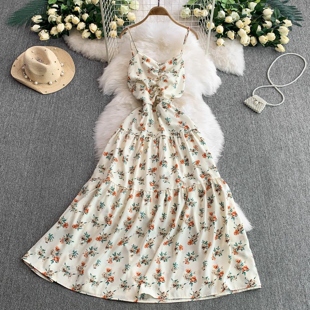 French floral suspender dress women's summer new sexy backless waist thin pleated pendulum dress