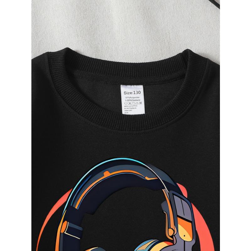 European Sizes Colorful Headphones Music Tech Style Girls' Crew Neck Sweatshirt, Western Top, Long Sleeved, Casual for Little Girls.