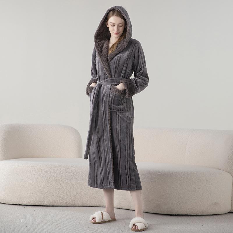 Plus Size Jacquard Fleece Bathrobe Thick Winter Autumn Bathrobe For Men And Women Cozy Pajamas Long Robe Sleepwear