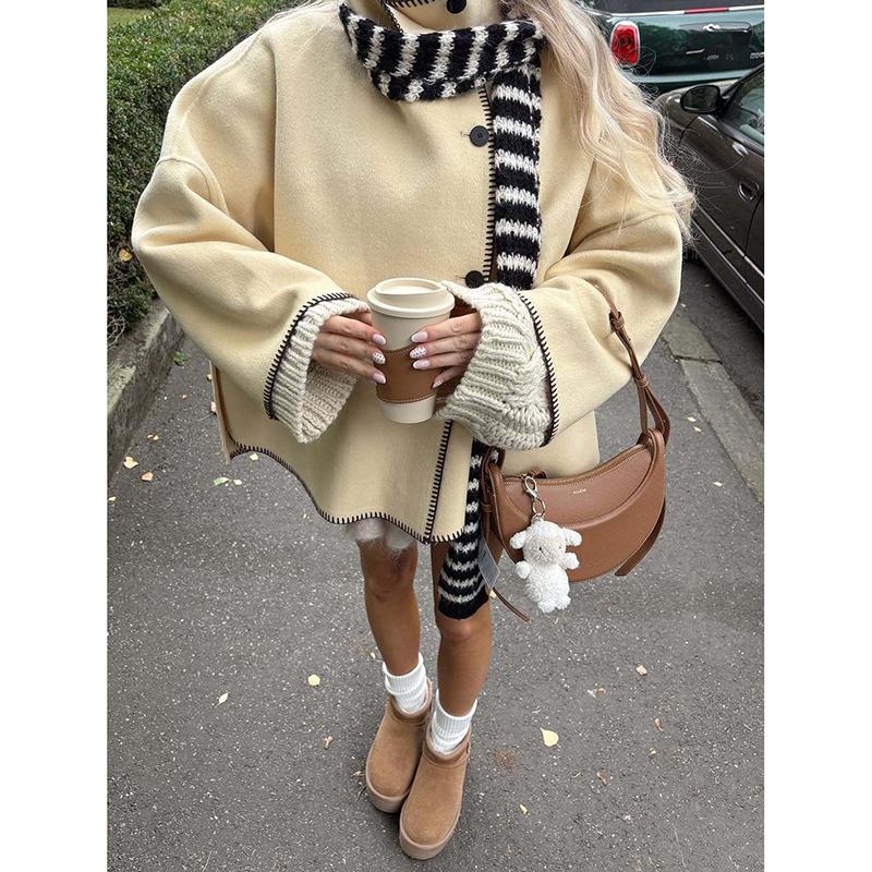 Abrigos Casuales Amarillos Otoño Invierno Para Mujer Moda Manga Larga Cuello Alto Holgado Ropa Exterior Elegante Chaquetas de Un Botón
