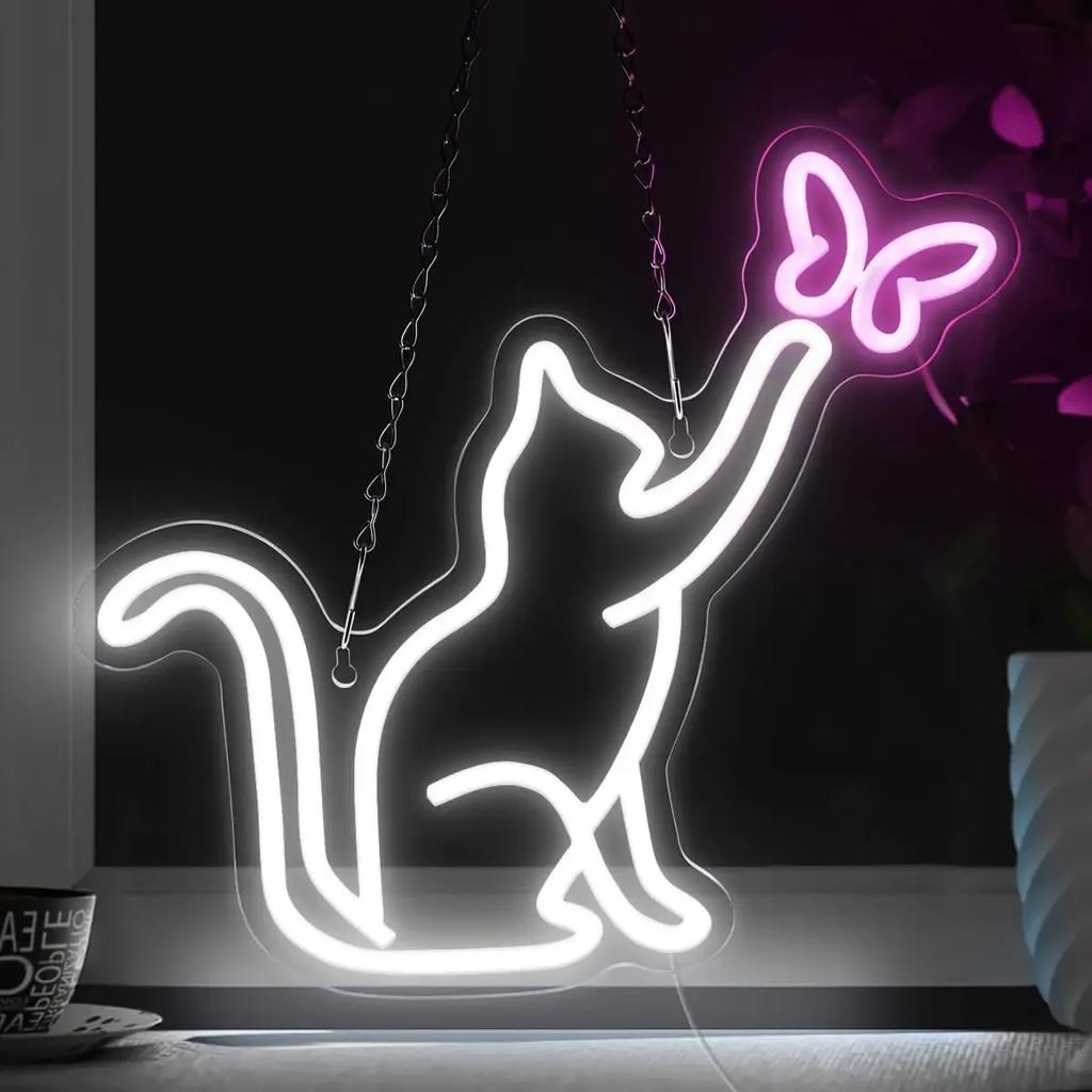 Cats And Butterflies LED Neon Sign USB Dimmable Neon Light Sign For Gameroom Bedroom Bar Livingroom Birthday Gift Wall Decor