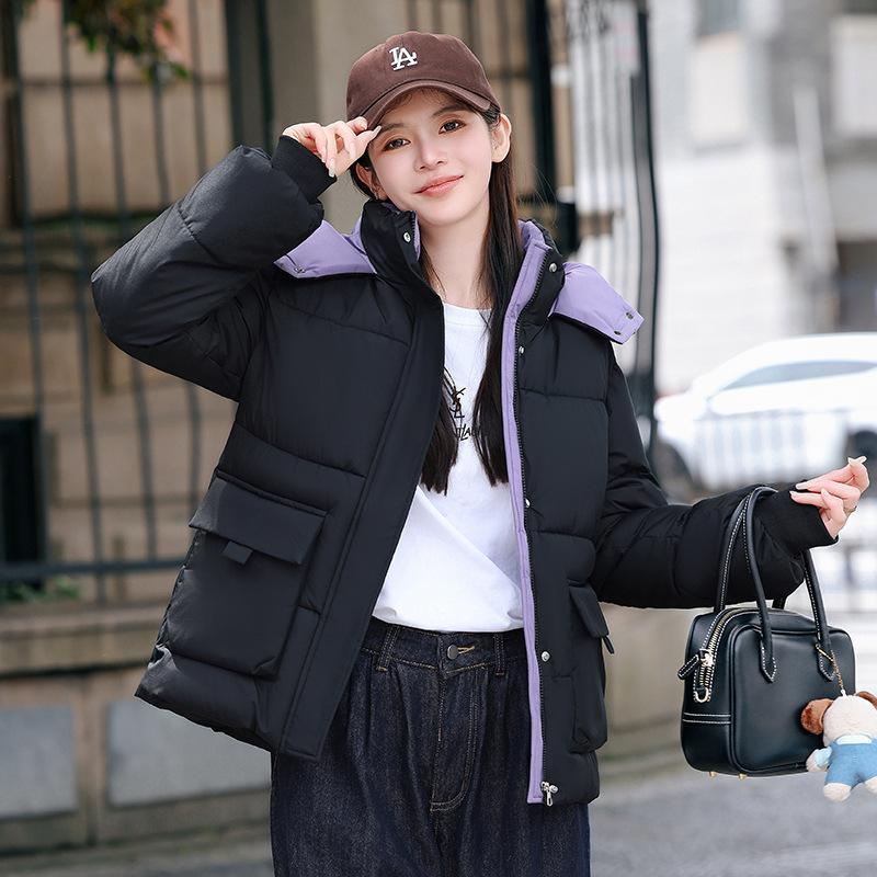 Contrast color cotton-padded clothes Women's short loose student bread clothes Winter new hooded cotton-padded jacket Girlfriend cotton-padded clothes