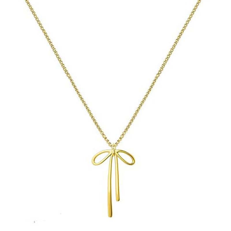 

2026 Trendy Gold Color Bow Pendant Necklace For Women Girls Simple Metal Bowkont Clavicle Chain Necklaces Zircon Gifts золотий