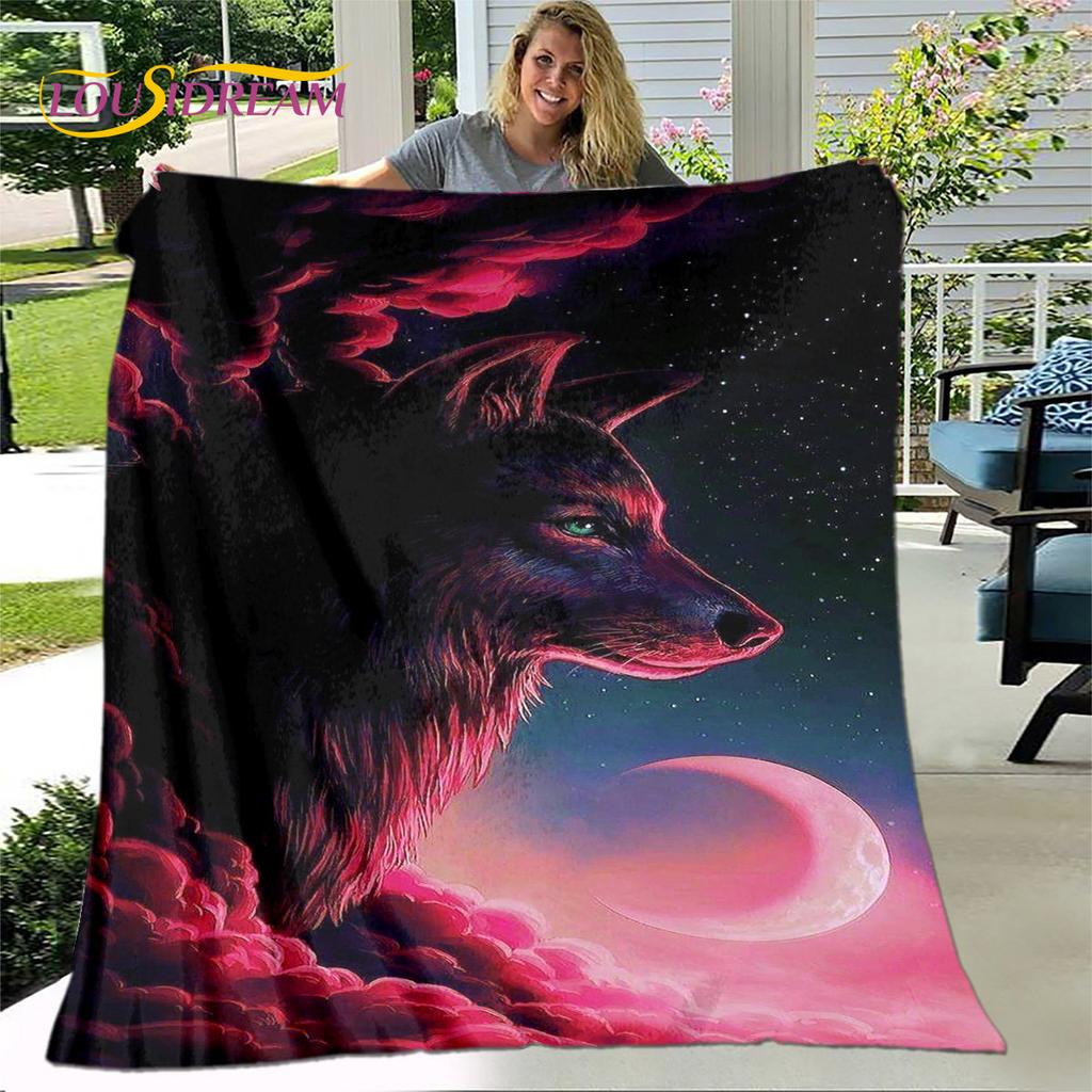 3D Wolf Spirit Fenrir Moon Dream Animal Blanket,Flannel Blanket Throw Blanket,Warm Blanket for Living Room Bedroom Beds Sofa