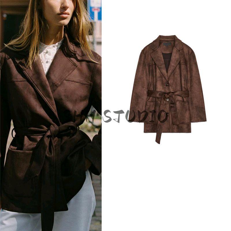 Fall New Women's Clothing French Style with Belt Lapel Long Sleeves Suede Effect Jacket Outwear 4968221