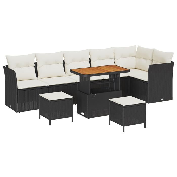 Ensemble de jardin vidaXL 9 pièces avec coussins Noir Poly Rattan Acacia 3361505