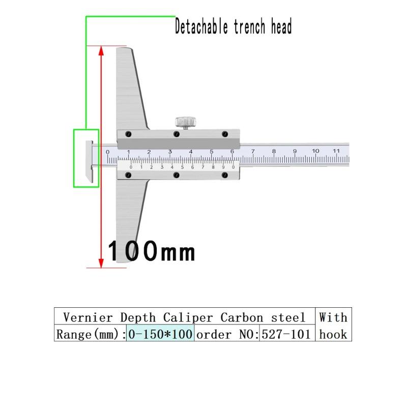 

HENGLIANG Штангенциркуль для измерения глубины 0-150 0-200 0-300 0-500 0-600 Углеродистая сталь Многоцелевой измеритель глубины Съемная головка для измерения канавок