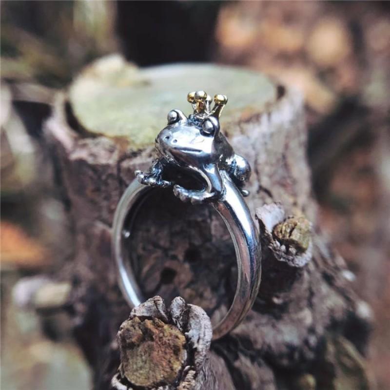 Adjustable Open Ring Men Women Sterling Crown Frog Design Vintage Artisan Jewelry