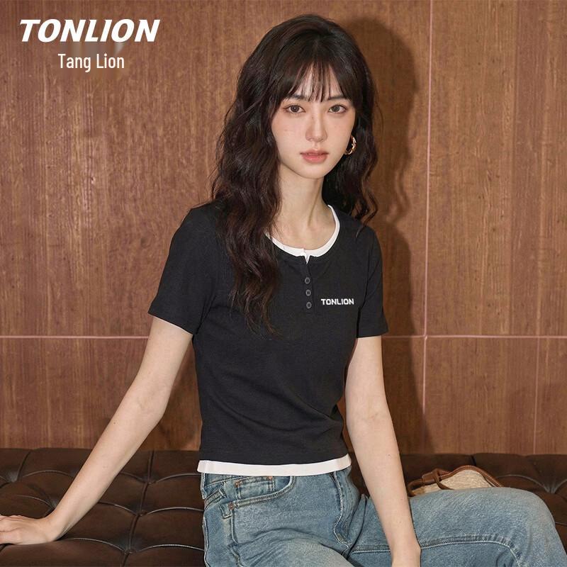 TonLion Women s Contrast Ruched Faux Two-Piece T-Shirt L