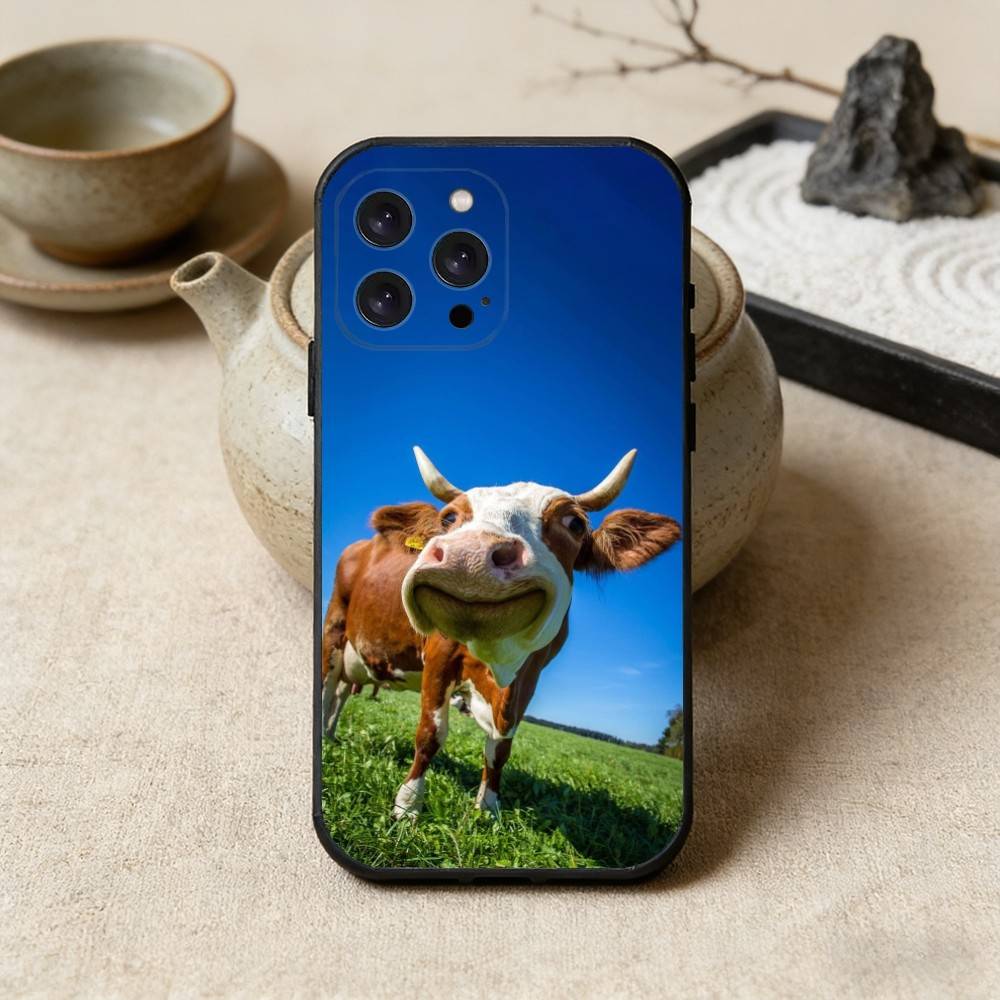 Lovely Cute Cow Cows OX Phone Case For iPhone17,16,15,14,13,12 Plus,Max Soft Silicone Black Cover
