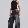 RogueWave Women Denim Trousers  Y2K-Style Side-Flame Embellished Rhinestone Washed Low-Rise Wide-Leg Jeans