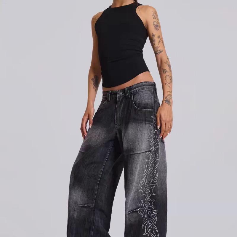 RogueWave Women Denim Trousers Y2K-Style Side-Flame Embellished Rhinestone Washed Low-Rise Wide-Leg Jeans
